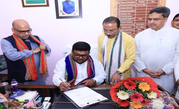 New BJP president in Tripura Abhishek Debroy takes charge in presence.